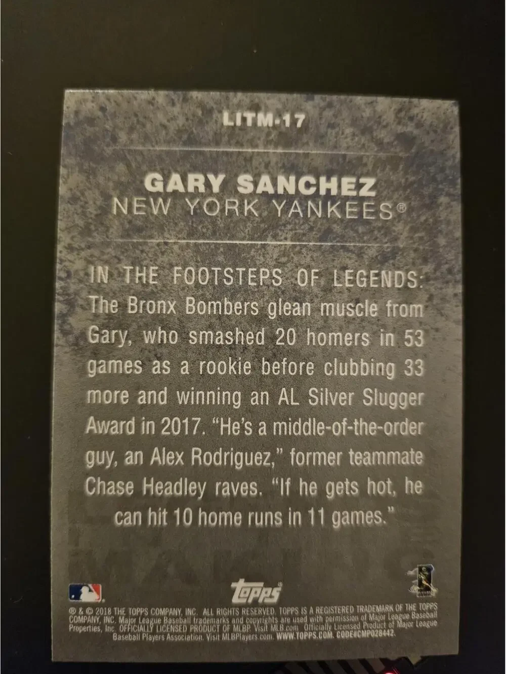 2018 Topps Legends in the Making Black  #LITM-17 - Gary Sanchez - RAW Mint - Picture 2 of 2